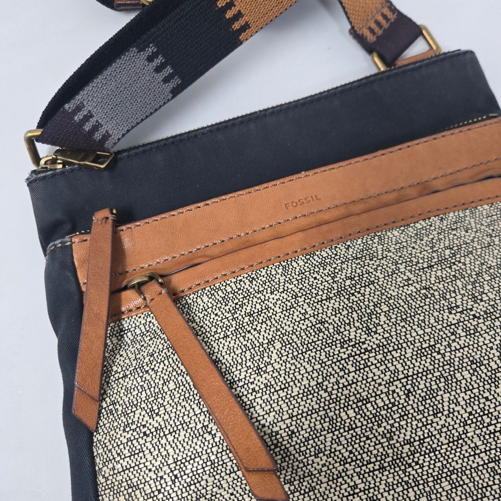 Fossil Crossbody Bag Black Nylon Tan Leather Woven Boho Messenger ZB7268 - Picture 5 of 13